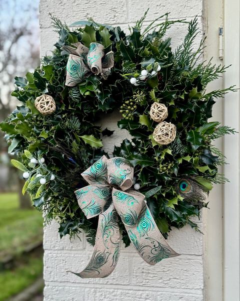 Peacock holly Christmas wreath